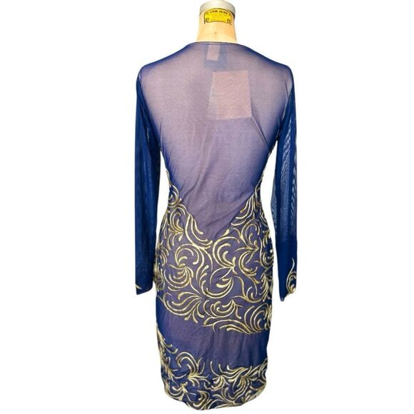 HOLT Maison De Luxe Hand Painting Navy & Gold Mini Embroidered Dress Size L - Picture 5 of 8